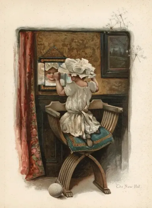 Framed Print : Girl Tries on Hat C1890 Framed Print : Girl Tries on Hat C1890