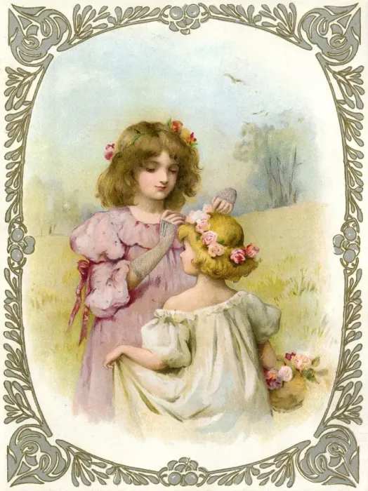Framed Print : Girl Twines Flowers 19C Framed Print : Girl Twines Flowers 19C