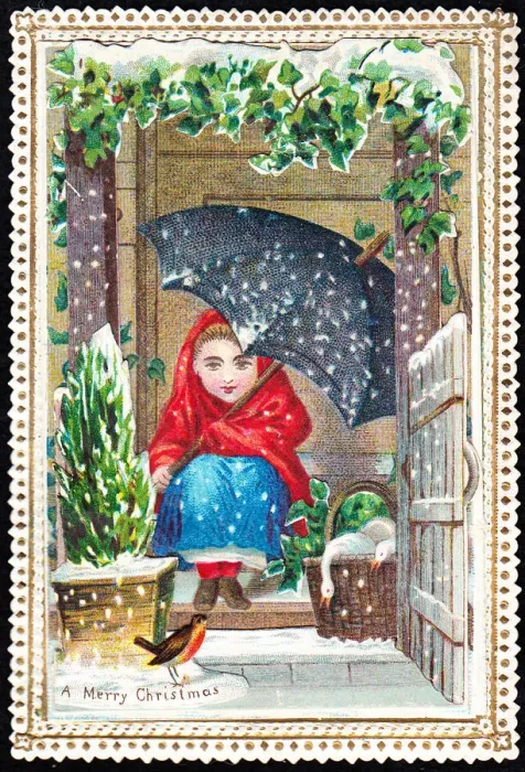 Framed Print : Girl with umbrella and a basket of geese on a Christmas card Framed Print : Girl with umbrella and a basket of geese on a Christmas card