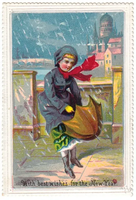 Framed Print : Girl with umbrella in the snow on a New Year card Framed Print : Girl with umbrella in the snow on a New Year card