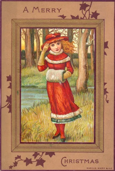 Framed Print : Girl out walking on a windy day on a Christmas card Framed Print : Girl out walking on a windy day on a Christmas card