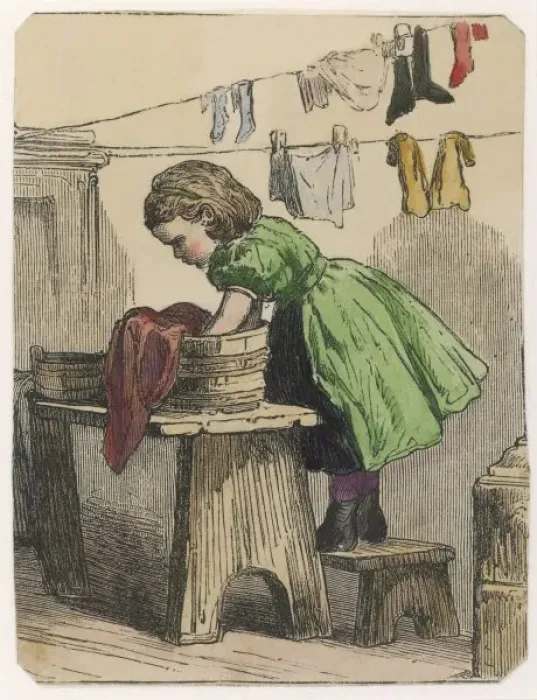 Framed Print : Girl Washes Clothes 1870 Framed Print : Girl Washes Clothes 1870