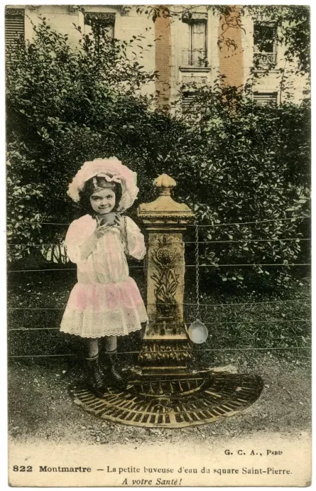 Framed Print : Girl at water fountain, Montmartre, Paris, France Framed Print : Girl at water fountain, Montmartre, Paris, France