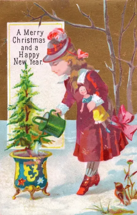 Framed Print : Girl watering tree on a Christmas and New Year card Framed Print : Girl watering tree on a Christmas and New Year card