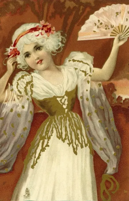 Framed Print : Girl in white and gold, with a pink fan Framed Print : Girl in white and gold, with a pink fan