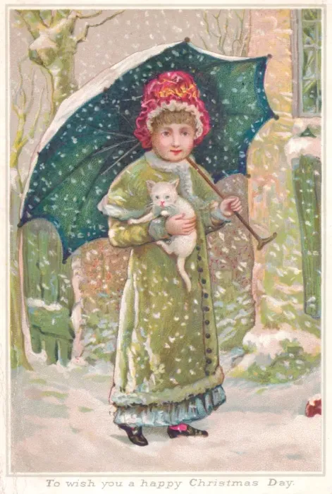 Framed Print : Girl with white kitten on a Christmas card Framed Print : Girl with white kitten on a Christmas card