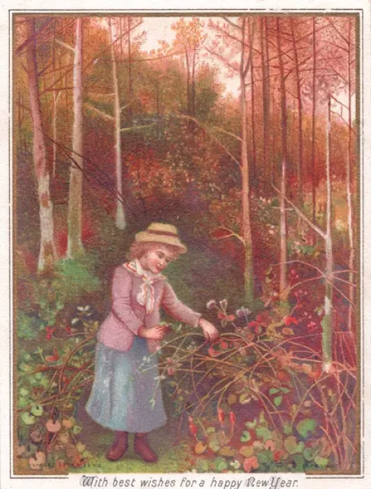 Framed Print : Girl in a wood with brambles on a New Year card Framed Print : Girl in a wood with brambles on a New Year card
