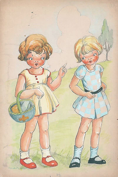 Two girls with basket Children's Postcard design