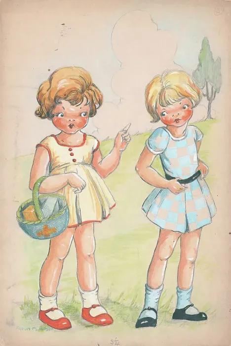 Framed Print : Two girls with basket Children's Postcard design Framed Print : Two girls with basket Children's Postcard design