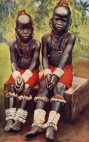 Two girls with beaded headdresses, Nigeria, West Africa