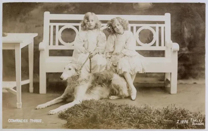 Framed Print : Two girls on bench with large dog Framed Print : Two girls on bench with large dog