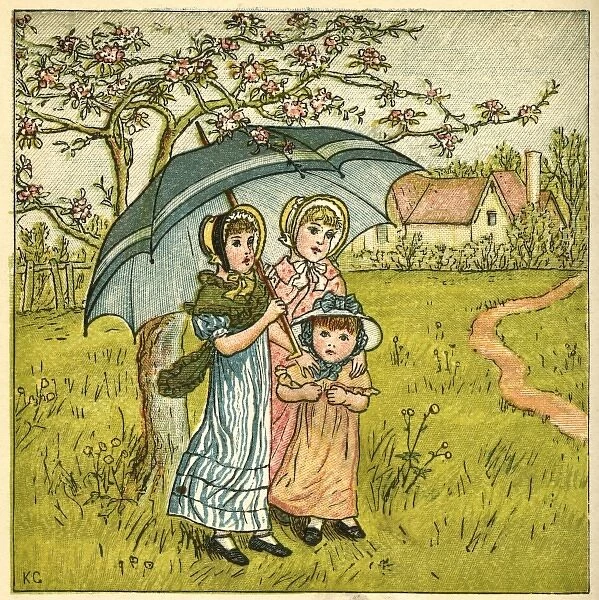 Three girls under blue parasol