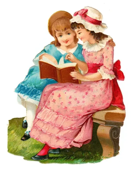 Framed Print : Two girls with book on a Victorian scrap Framed Print : Two girls with book on a Victorian scrap