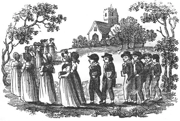 Girls and boys line up for church, c. 1800