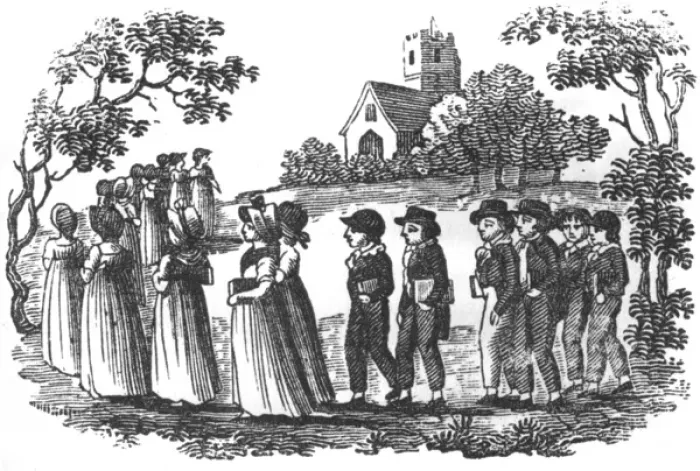 Framed Print : Girls and boys line up for church, c. 1800 Framed Print : Girls and boys line up for church, c. 1800