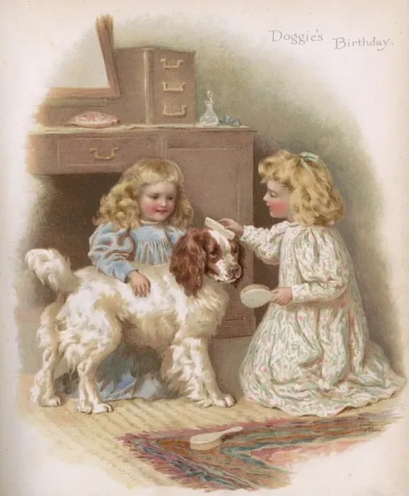 Framed Print : Two Girls Brush Dog 1896