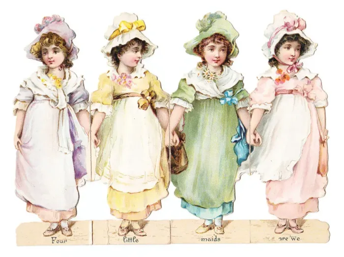 Framed Print : Four girls on a cutout greetings card Framed Print : Four girls on a cutout greetings card