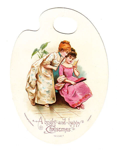 Two girls at a dance on a palette-shaped Christmas card