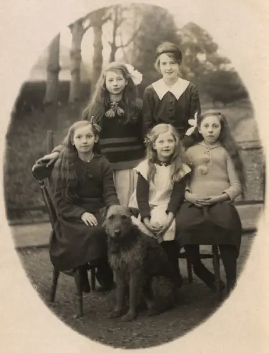 Framed Print : Five girls and dog in garden Framed Print : Five girls and dog in garden