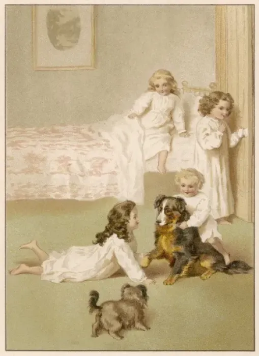 Framed Print : Girls & Dogs at Bedtime Framed Print : Girls & Dogs at Bedtime