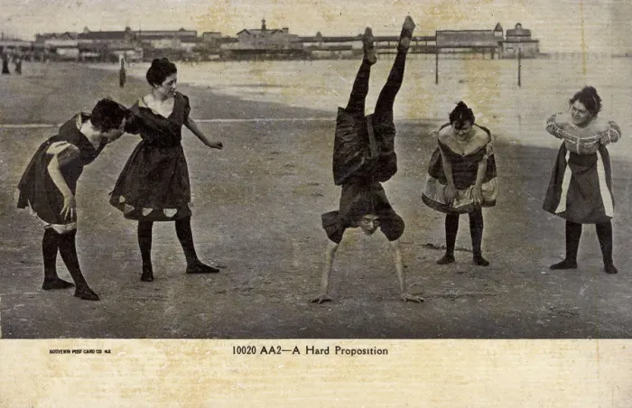 Framed Print : Five girls doing hand-stands on the Beach - USA Framed Print : Five girls doing hand-stands on the Beach - USA