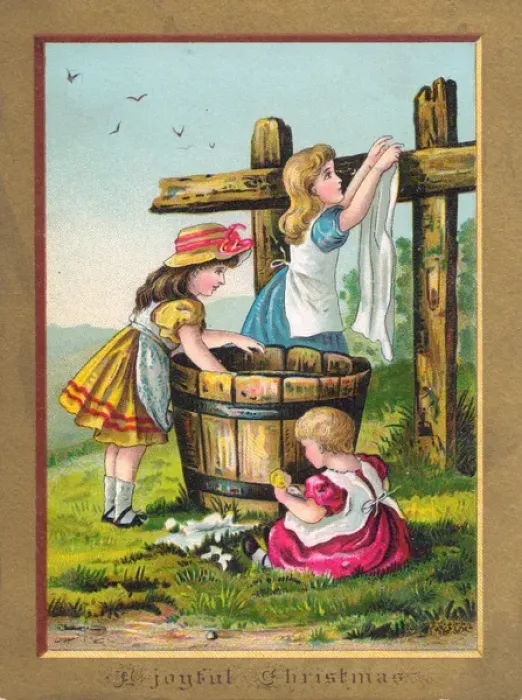 Framed Print : Three girls doing the laundry on a Christmas card Framed Print : Three girls doing the laundry on a Christmas card