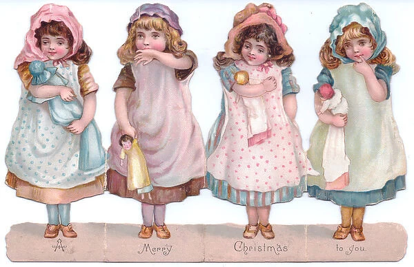 Four girls with dolls on a cutout Christmas card