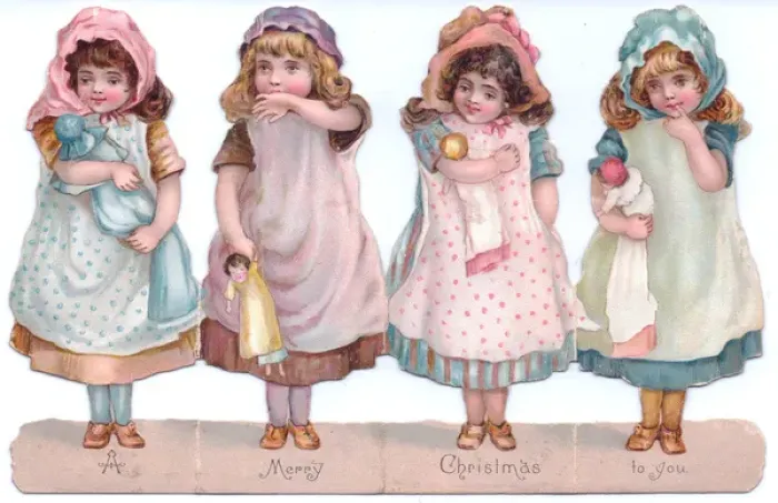 Framed Print : Four girls with dolls on a cutout Christmas card Framed Print : Four girls with dolls on a cutout Christmas card