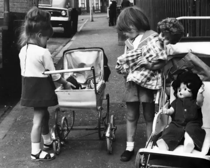 Framed Print : Girls with dolls and prams, Balham, SW London Framed Print : Girls with dolls and prams, Balham, SW London