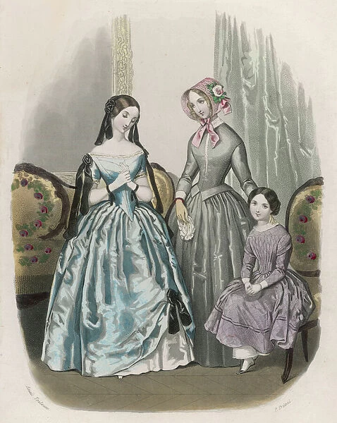 GIRLS FASHIONS 1847. Grey dress: corsage a caraco made to resemble a jacket & skirt
