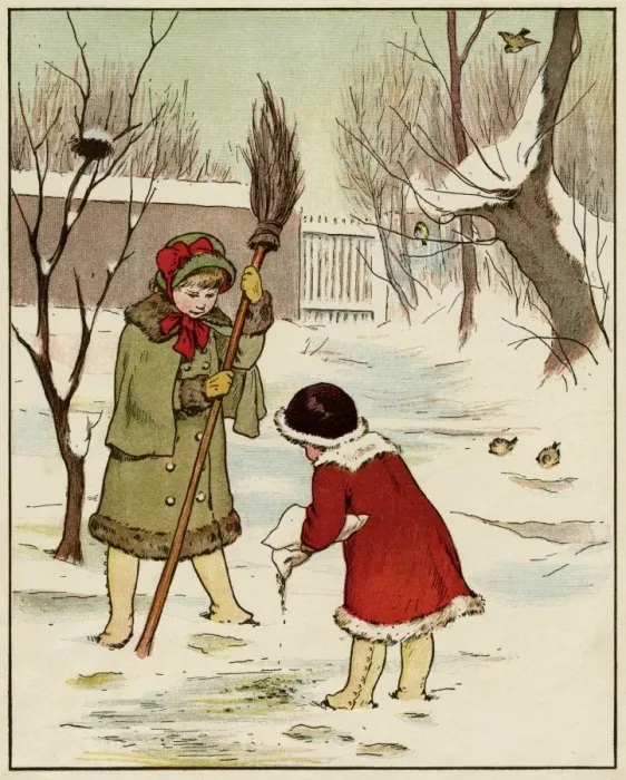 Framed Print : Girls Feed Birds Snow Framed Print : Girls Feed Birds Snow