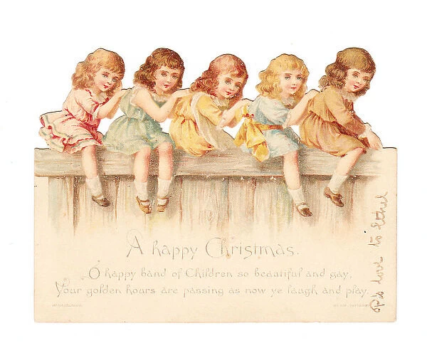 Five girls on a fence on a cutout Christmas card
