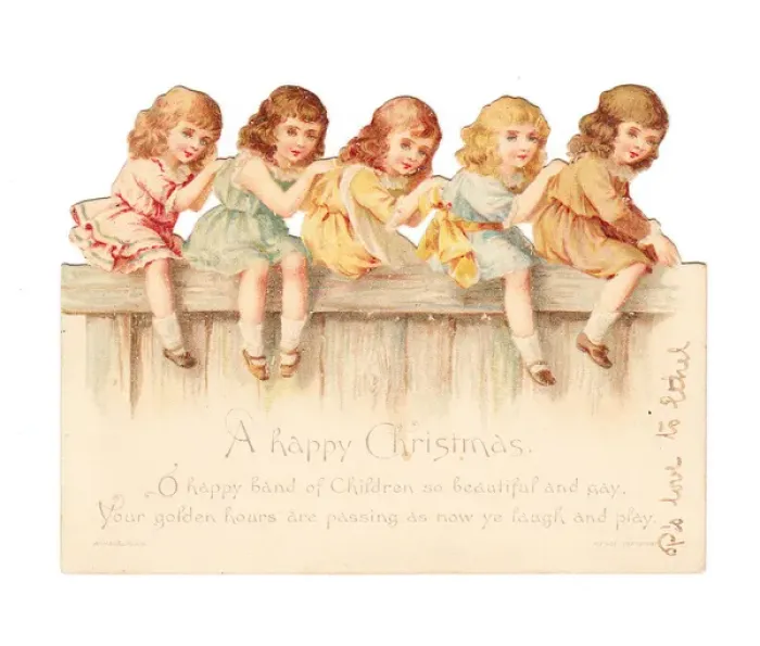 Framed Print : Five girls on a fence on a cutout Christmas card Framed Print : Five girls on a fence on a cutout Christmas card