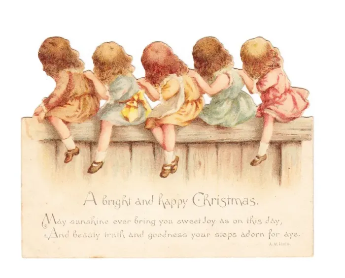 Framed Print : Five girls on a fence on a cutout Christmas card Framed Print : Five girls on a fence on a cutout Christmas card