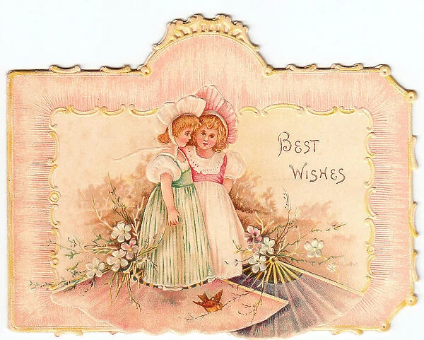 Two girls with flowers and bird on a greetings card