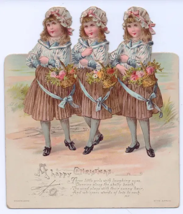 Framed Print : Three girls with flowers on a cutout Christmas card Framed Print : Three girls with flowers on a cutout Christmas card