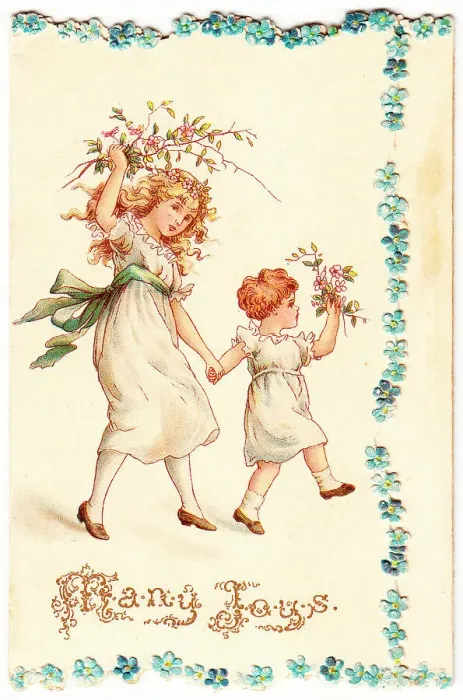 Framed Print : Two girls with flowers on a greetings card Framed Print : Two girls with flowers on a greetings card