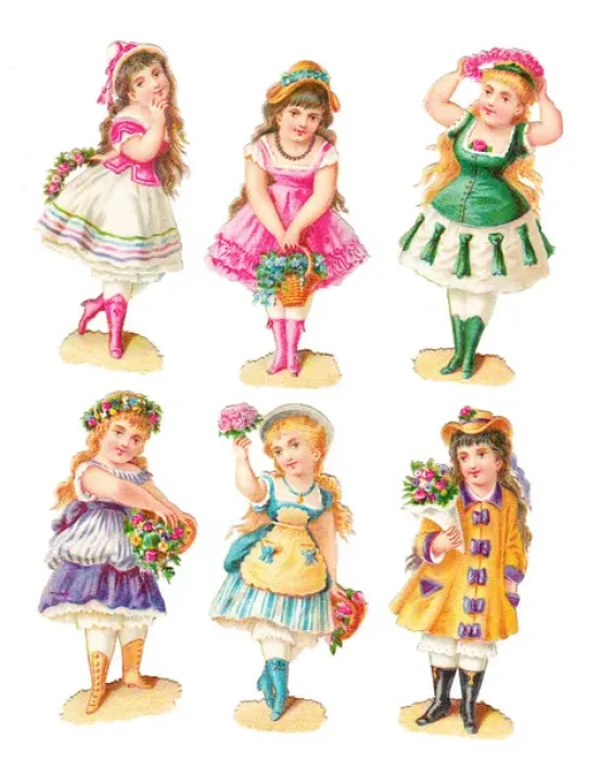 Framed Print : Girls with flowers on six Victorian scraps Framed Print : Girls with flowers on six Victorian scraps