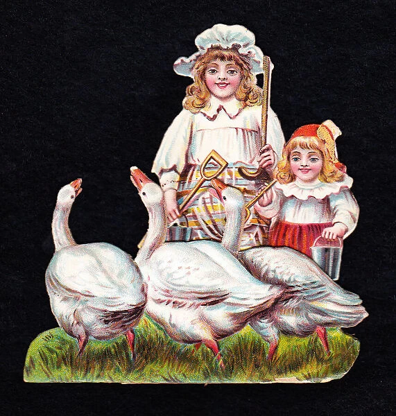 Two girls and three geese on a cutout greetings card