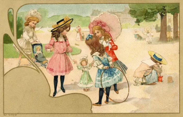 Framed Print : Girls having fun in the park playing with hoops and dolls Framed Print : Girls having fun in the park playing with hoops and dolls