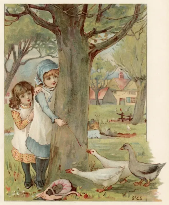 Framed Print : Girls Hide from Geese Framed Print : Girls Hide from Geese