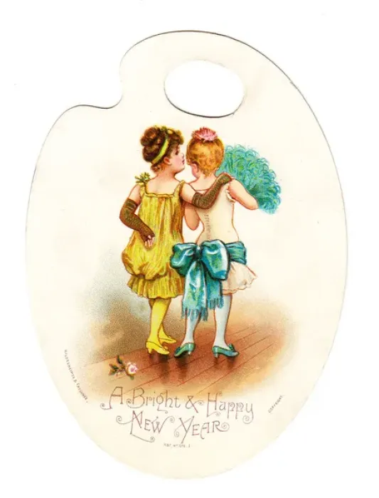 Framed Print : Two girls on a palette-shaped New Year card Framed Print : Two girls on a palette-shaped New Year card