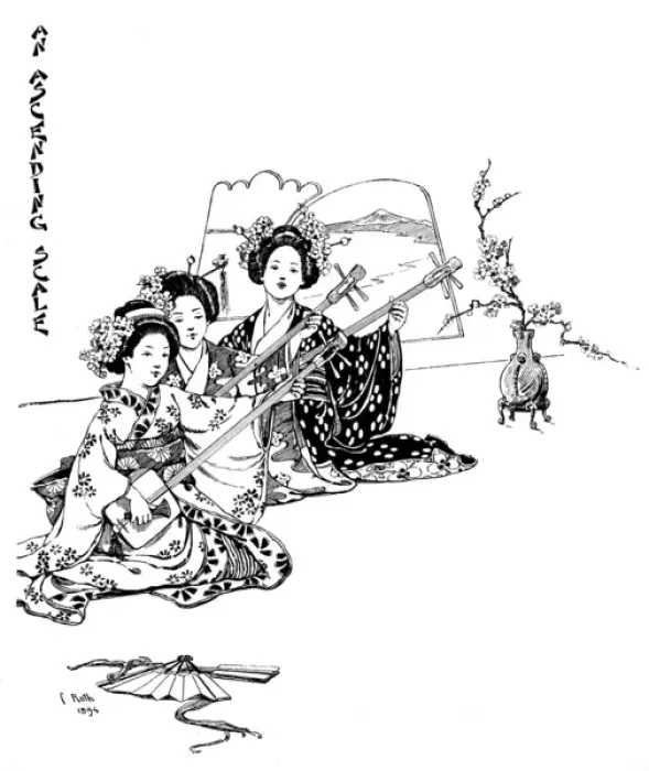 Framed Print : Three girls playing shamisens, a Japanese musical instrument Framed Print : Three girls playing shamisens, a Japanese musical instrument