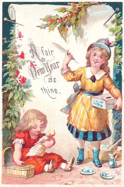 Two girls with presents on a New Year card
