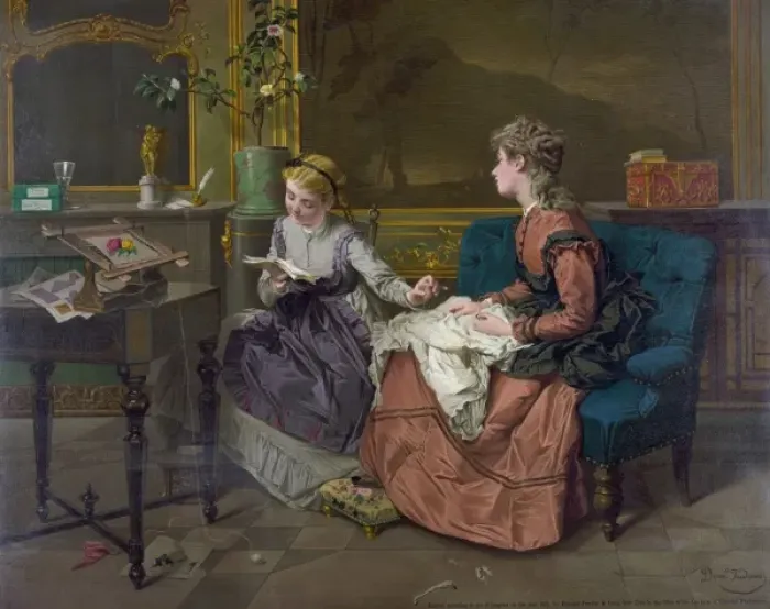 Framed Print : Two girls, one reading, one sewing Framed Print : Two girls, one reading, one sewing