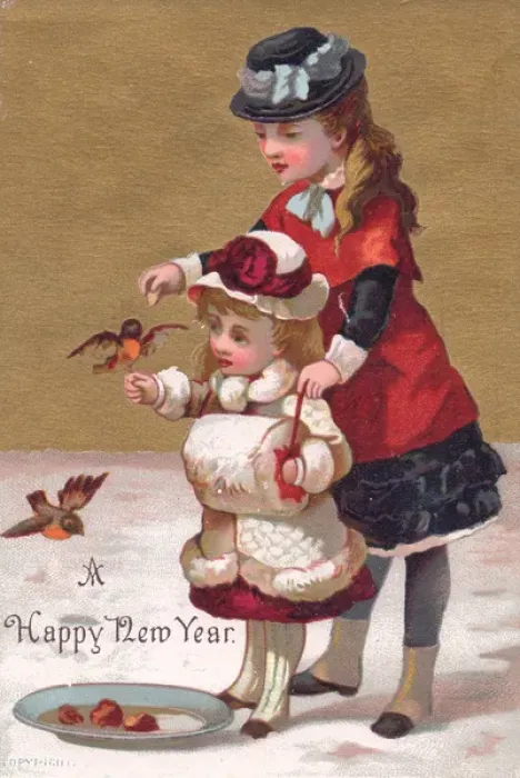 Framed Print : Two girls with robins in the snow on a New Year card Framed Print : Two girls with robins in the snow on a New Year card