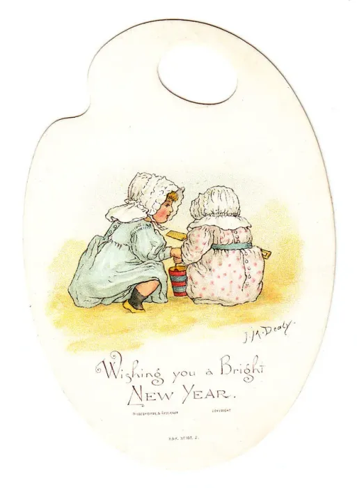 Framed Print : Two girls at the seaside on a palette-shaped New Year card Framed Print : Two girls at the seaside on a palette-shaped New Year card