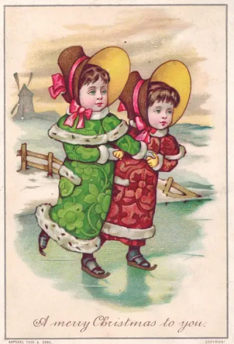 Framed Print : Two girls skating on a Christmas card Framed Print : Two girls skating on a Christmas card