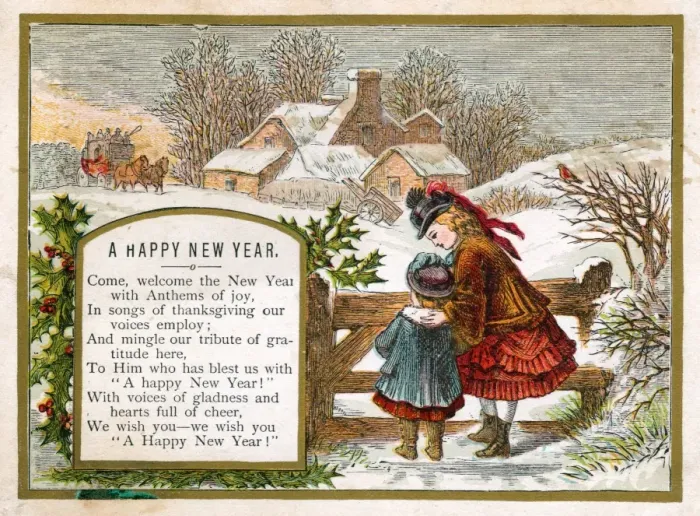 Framed Print : Two girls in the snow on a New Year card Framed Print : Two girls in the snow on a New Year card