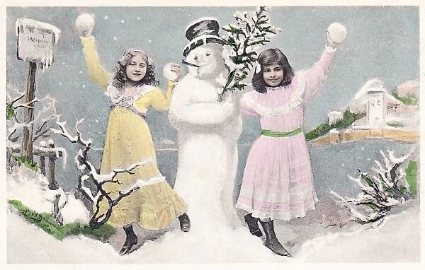 Two girls with snowman on a Christmas postcard